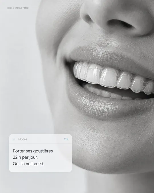 Un visuel du compte modèle @cabinet.ortho : un sourire en gros plan et le rappel « Porter ses gouttières 22 h par jour »