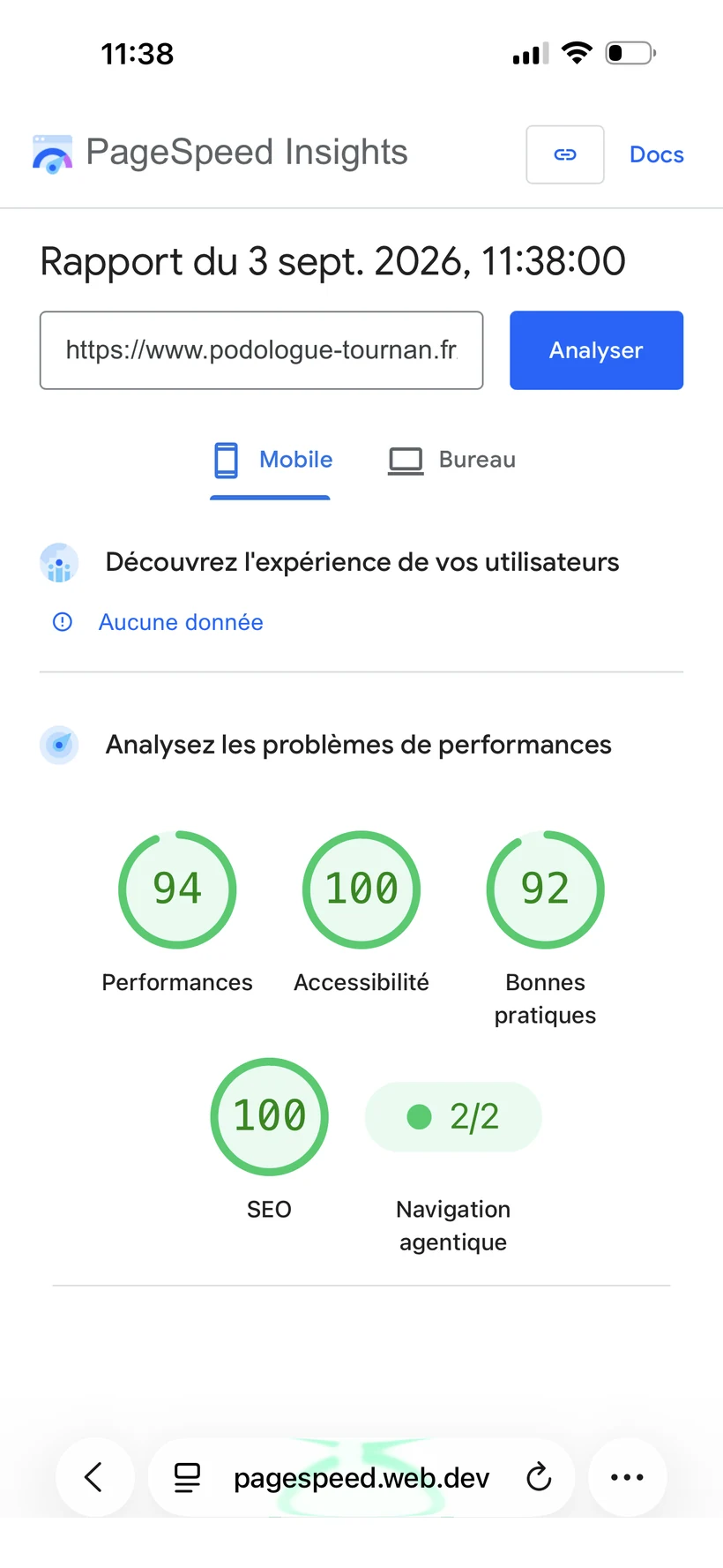 Rapport PageSpeed Insights du 3 septembre 2026 sur téléphone pour podologue-tournan.fr&nbsp;: Performances 94, Accessibilité 100, Bonnes pratiques 92, lecture par Google 100, Navigation agentique 2 sur 2