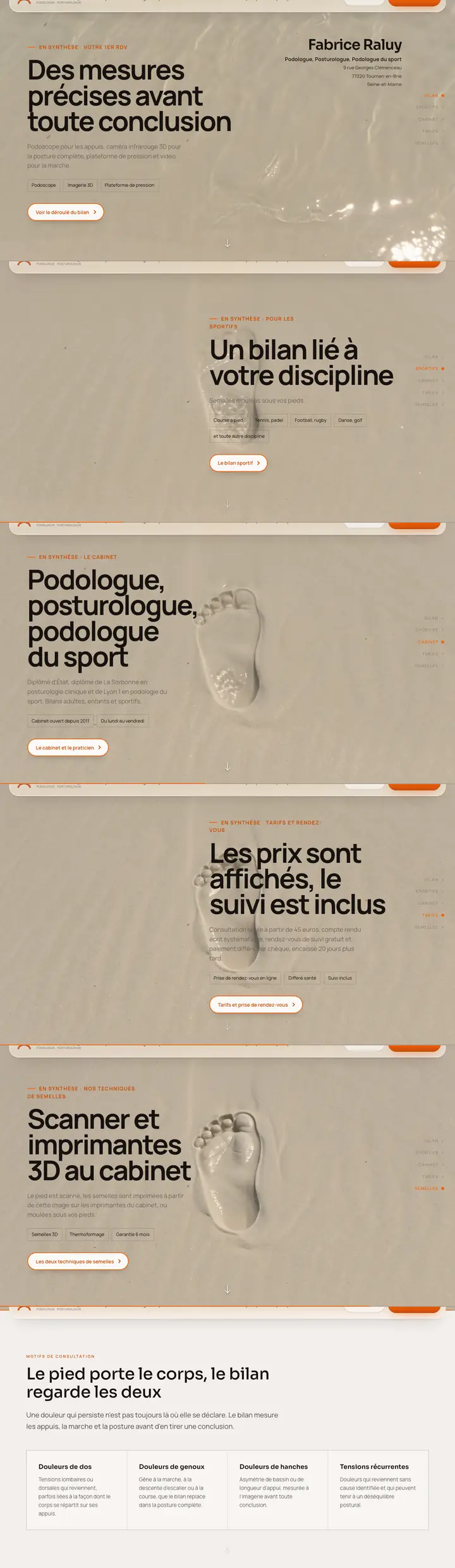Six écrans du site livré au cabinet de podologie de Tournan-en-Brie, de l’accueil au bilan