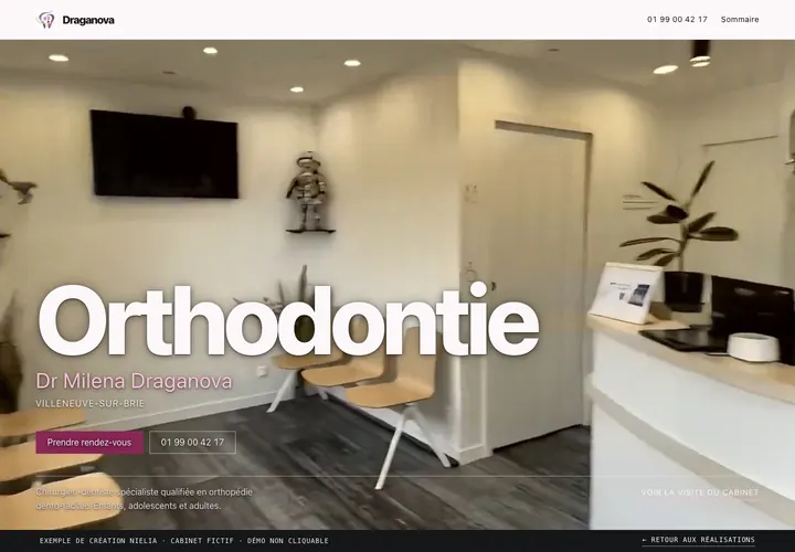 Modèle de site pour un cabinet d’orthodontie : la salle d’attente en photo et le titre en grand, bouton prune